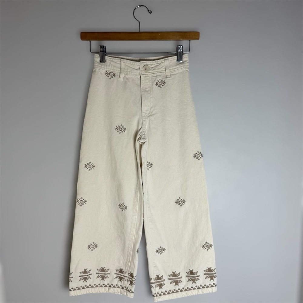 Zara Kids Embroidered Cream Wide-Leg Pants Girls 8-9 Size